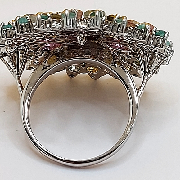 Natural Rhodolite Garnet, Emerald, Tourmaline Gems 925 Sterling Silver Ring 7.5 - Picture 6 of 7